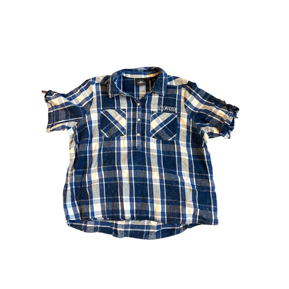 Harley Davidson Short Sleeve Plaid Snap Popover Shirt Women's 2X Blue‎ EUC